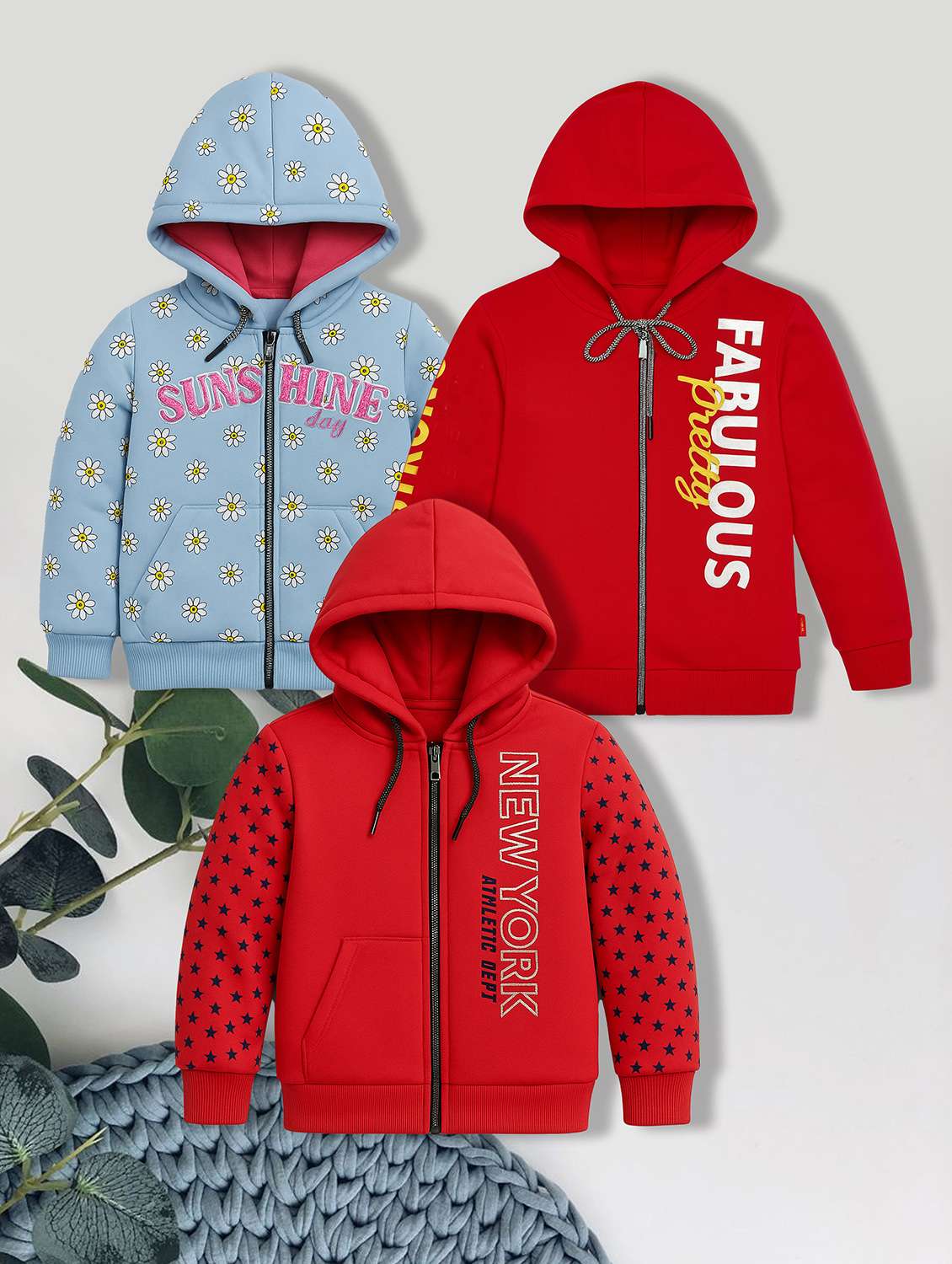 boys pack of 3 printed long sleeve hooded sweatshirt