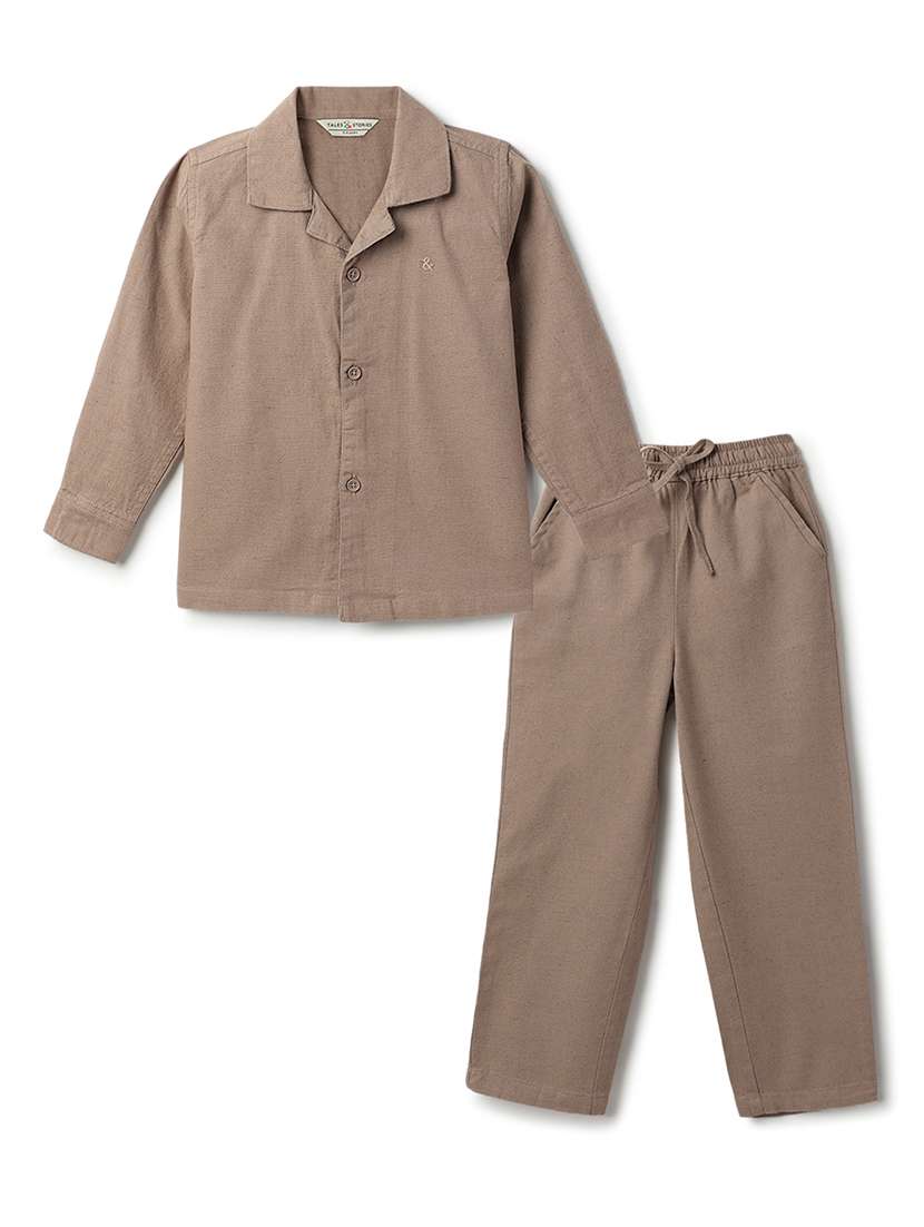 boys solid shirt and trouser co-ord set