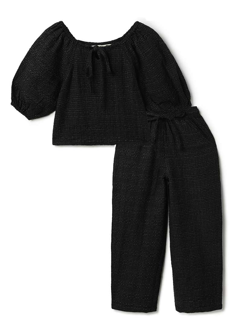 girls solid trouser & top co-ord set