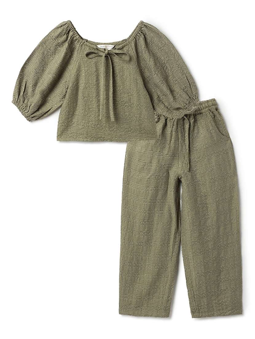 girls solid trouser & top co-ord set