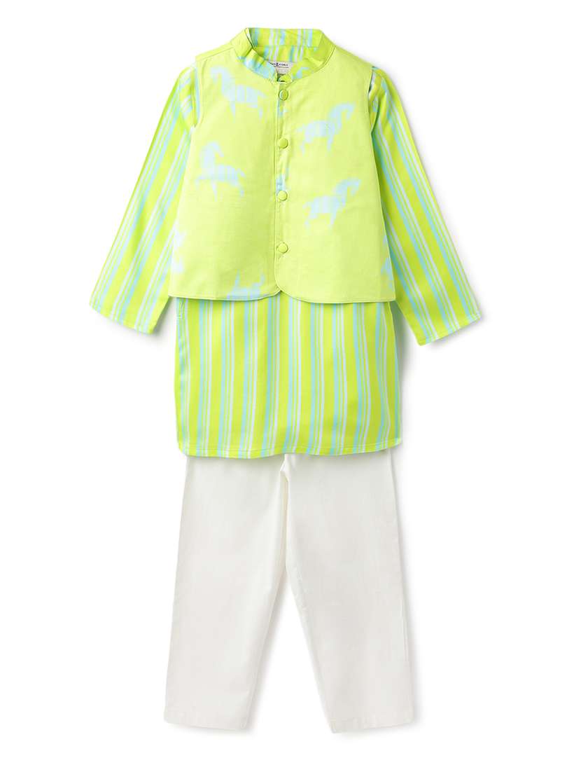 boys printed kurta and pyjama with nehru jacket