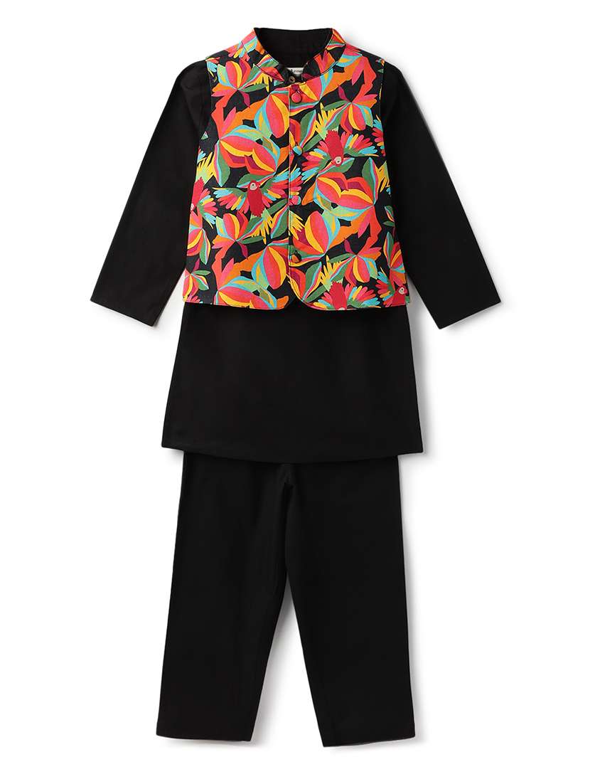 boys solid kurta and pyjama with printed nehru jacket 