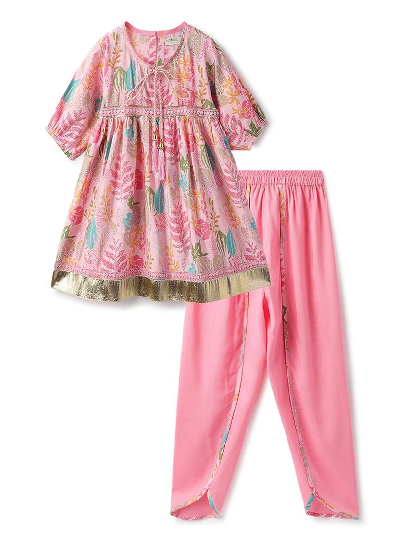 girls printed puff sleeve kurta and dhoti set