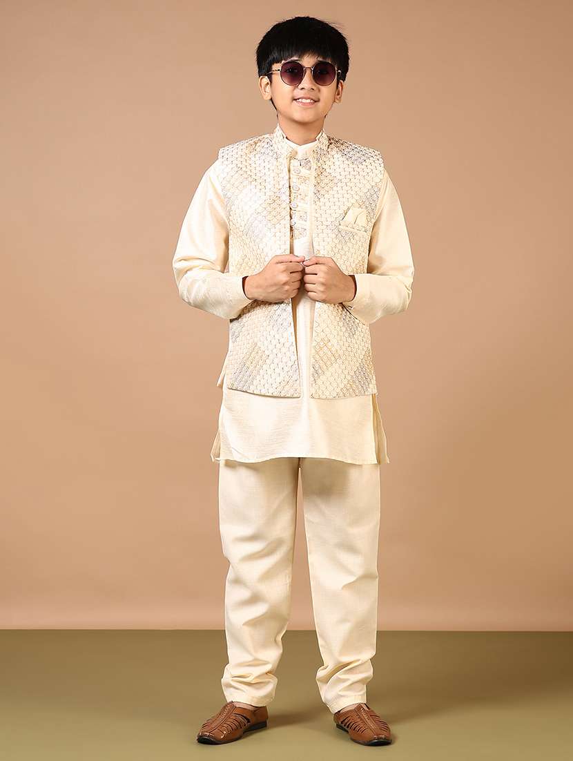boys embroidered long sleeve kurta and pyjama set