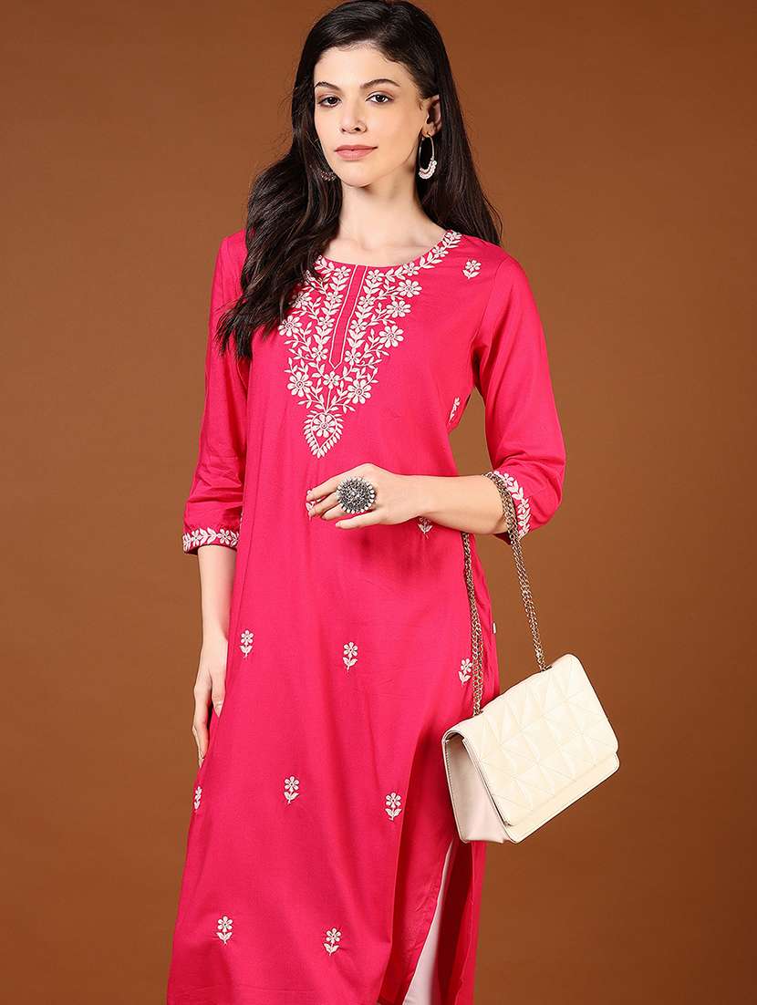 women solid with work three quarter sleeve straight kurta - 22162931 -  Zoom Image - 0