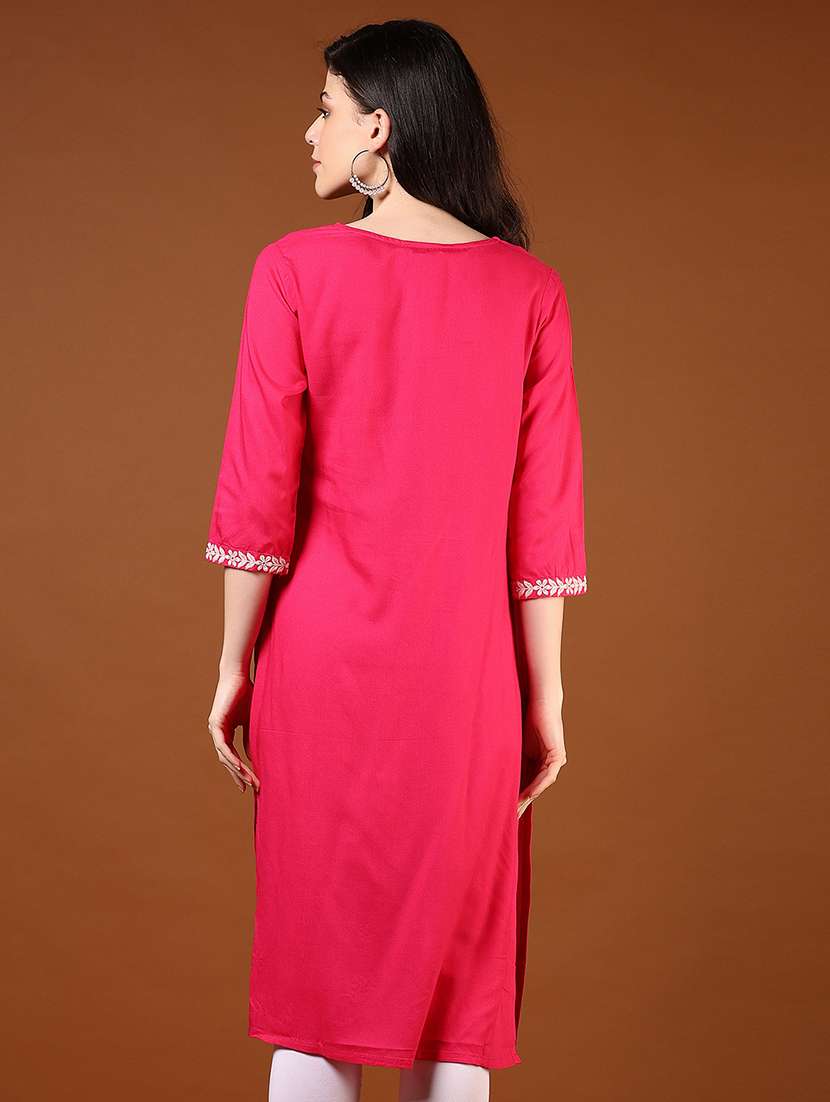 women solid with work three quarter sleeve straight kurta - 22162931 -  Standard Image - 3