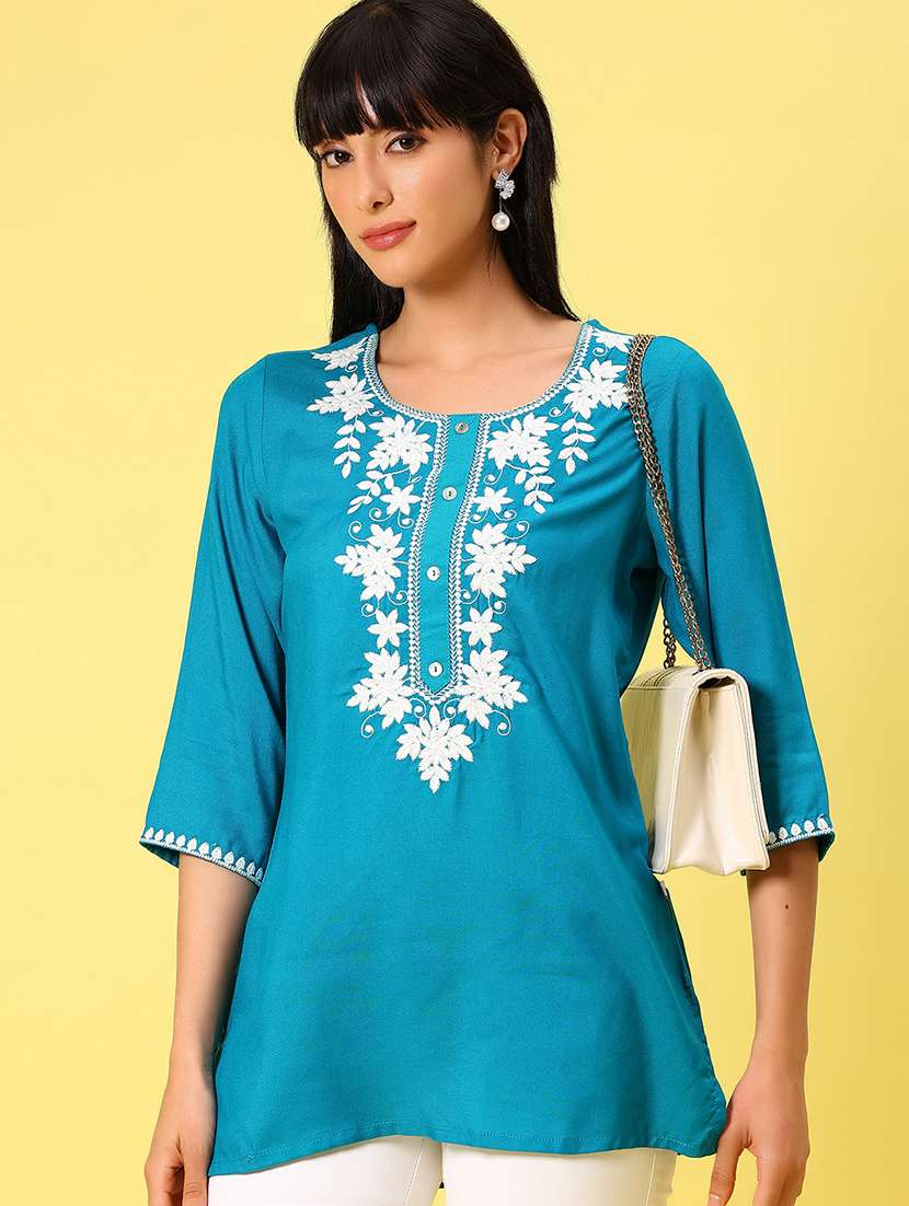 women solid with work three quarter sleeve straight kurti