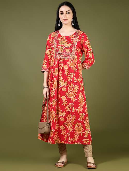 women floral printed three quarter sleeve a-line kurta - 22163119 -  Standard Image - 0