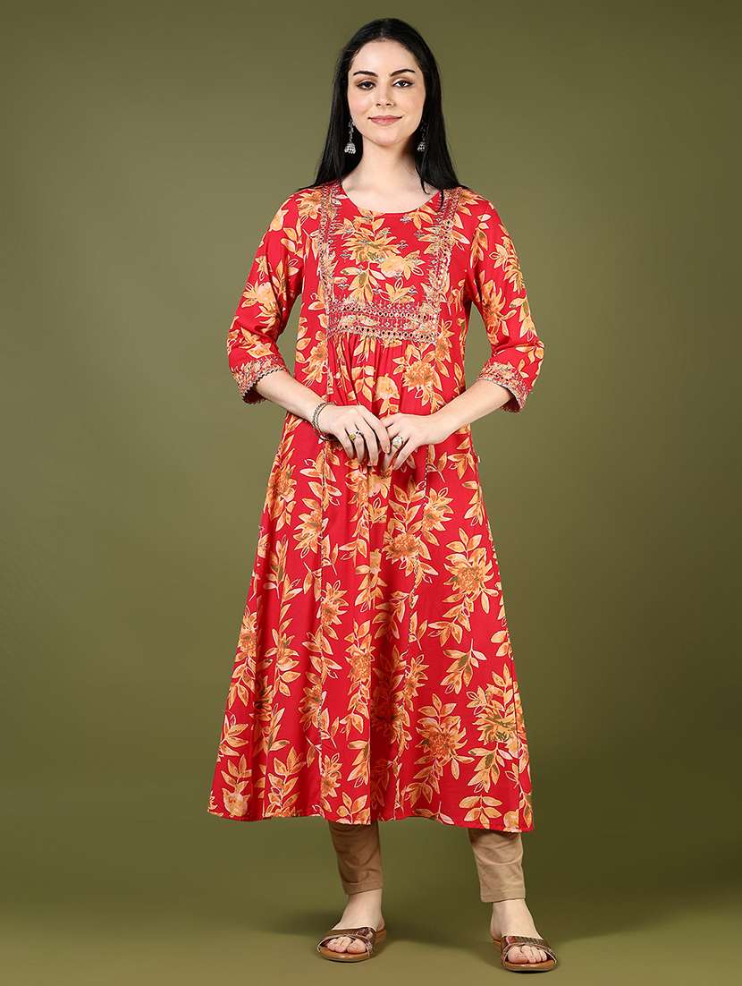 women floral printed three quarter sleeve a-line kurta - 22163119 -  Standard Image - 3