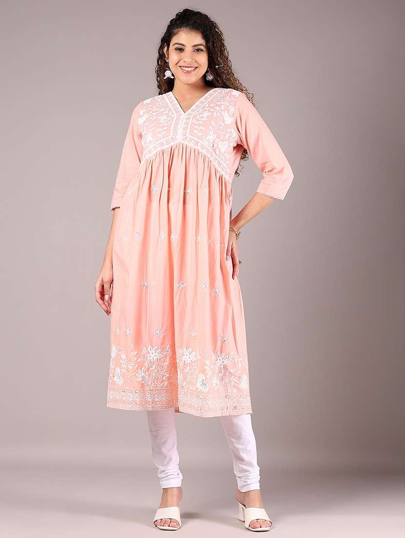 women embroidered printed three quarter sleeve a-line kurta