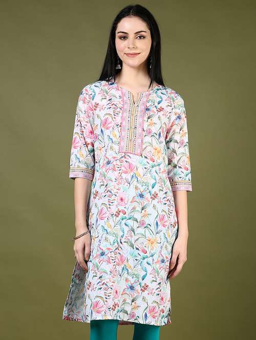 women floral printed three quarter sleeve straight kurta - 22163121 -  Standard Image - 0