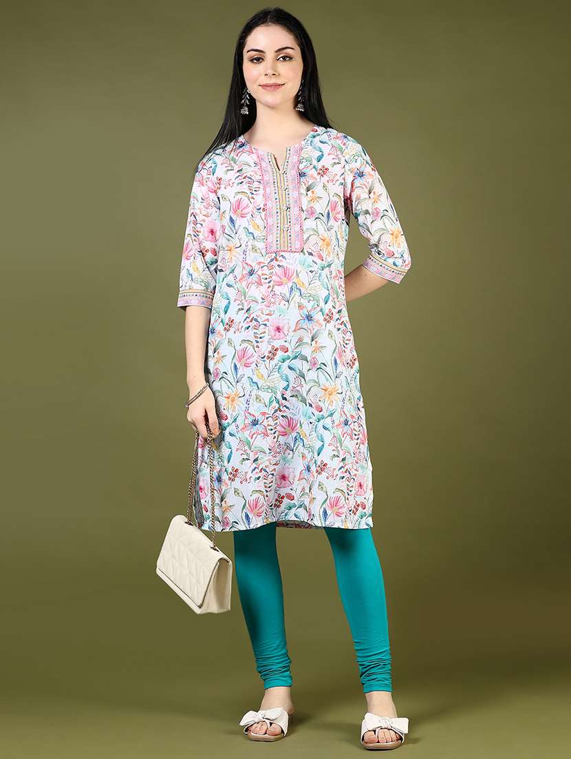 women floral printed three quarter sleeve straight kurta - 22163121 -  Standard Image - 3