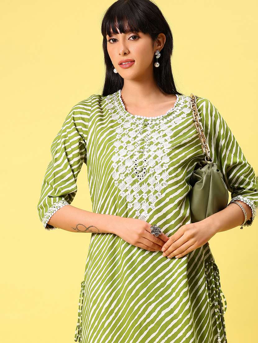 women leheriya three quarter sleeve kurta pant set - 22163269 -  Standard Image - 3