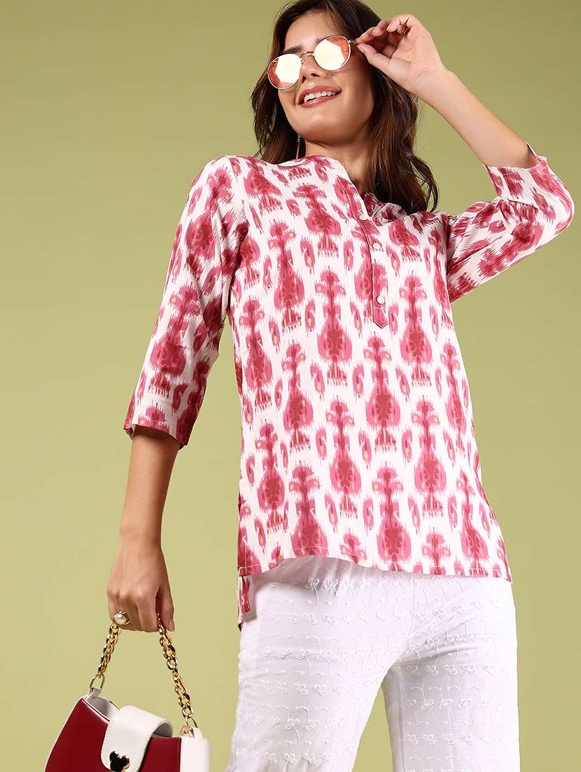 women ikat printed three quarter sleeve straight kurti