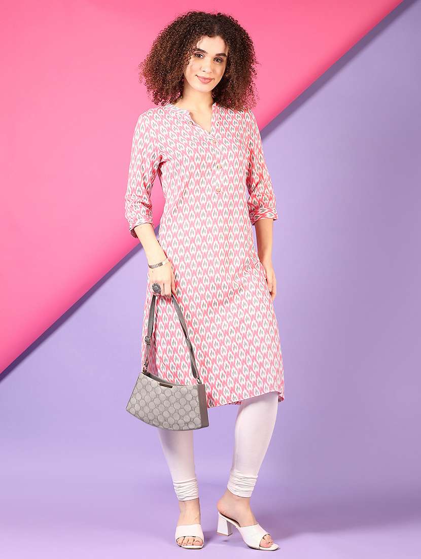 women ikat printed three quarter sleeve straight kurta - 22163293 -  Standard Image - 3