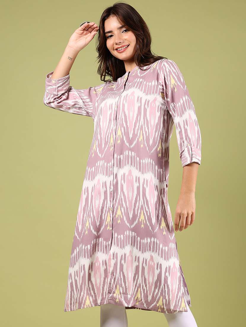 women ikat printed three quarter sleeve straight kurta