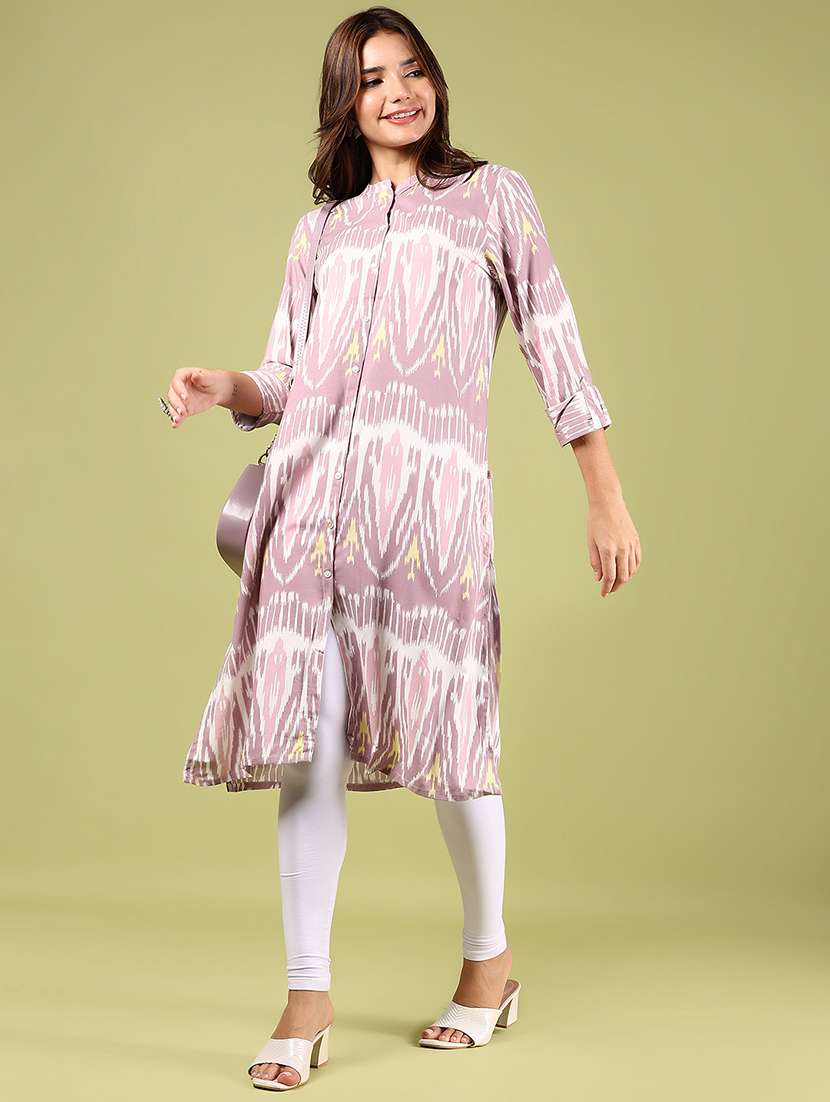women ikat printed three quarter sleeve straight kurta - 22163296 -  Standard Image - 3