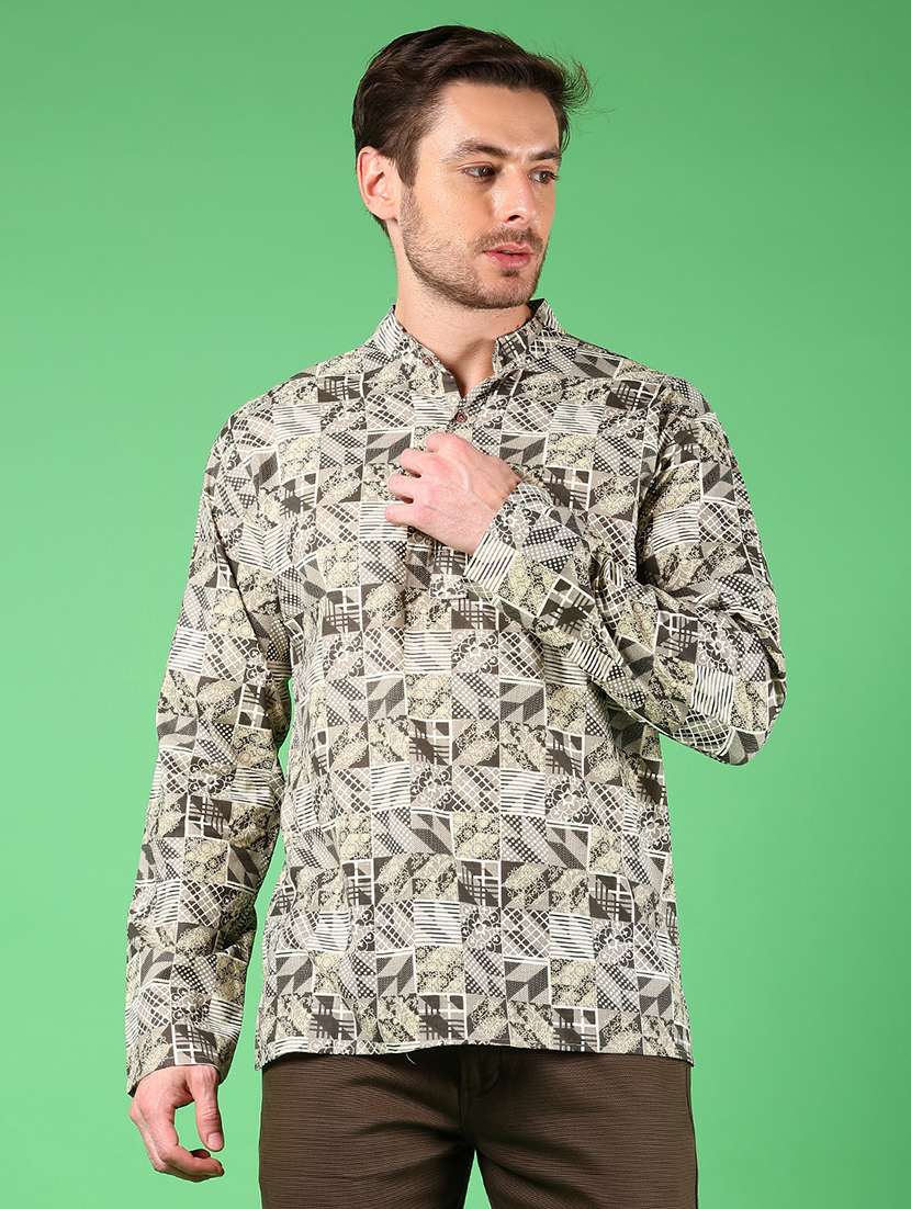 men printed mandarin neck short kurta
