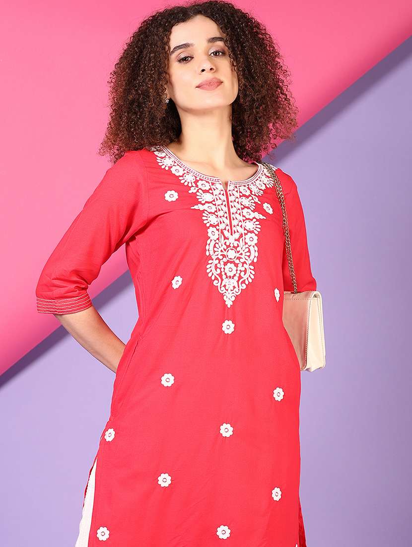 women solid with work three quarter sleeve straight kurta - 22163615 -  Standard Image - 3