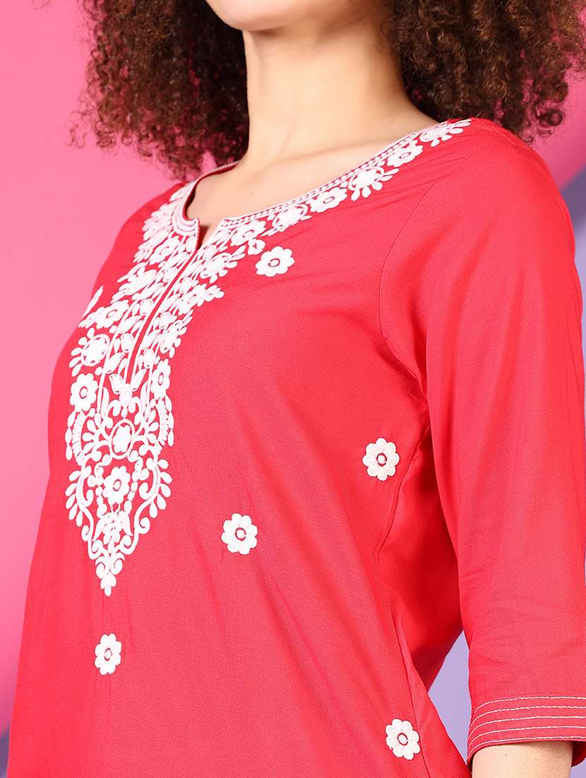 women solid with work three quarter sleeve straight kurta - 22163615 -  Standard Image - 5