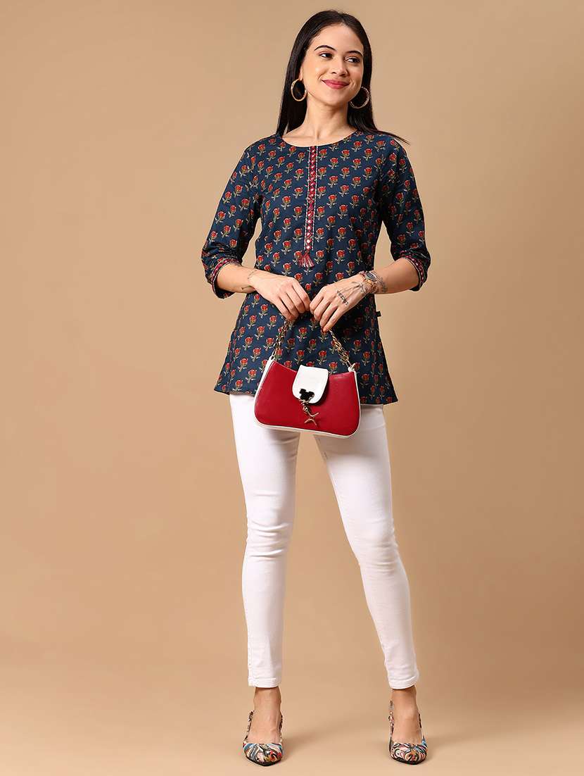 women floral printed three quarter sleeve straight kurti - 22163768 -  Standard Image - 3