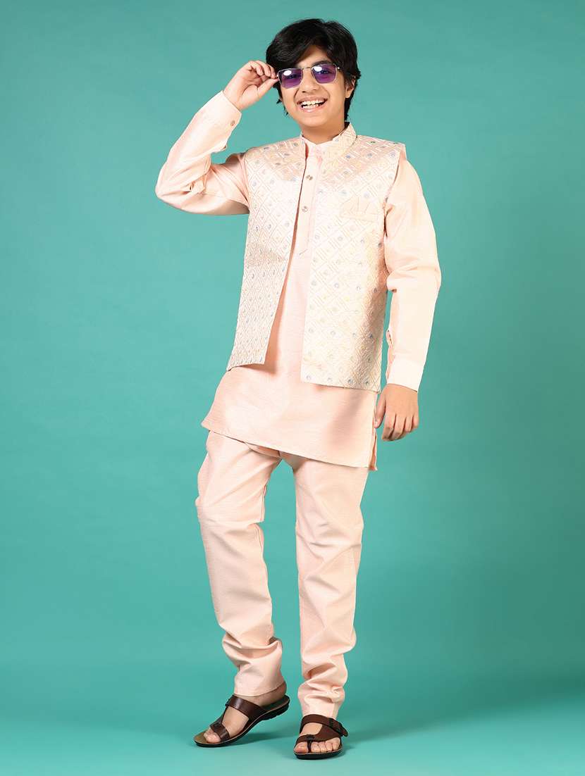 boys embroidered long sleeve kurta and pyjama set with jacket