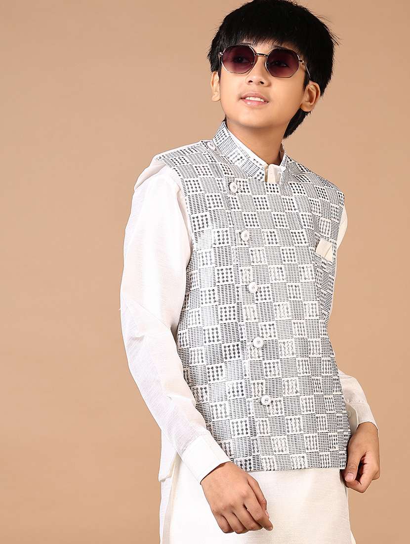 boys embroidered kurta and pyjama set with jacket - 22163786 -  Standard Image - 3
