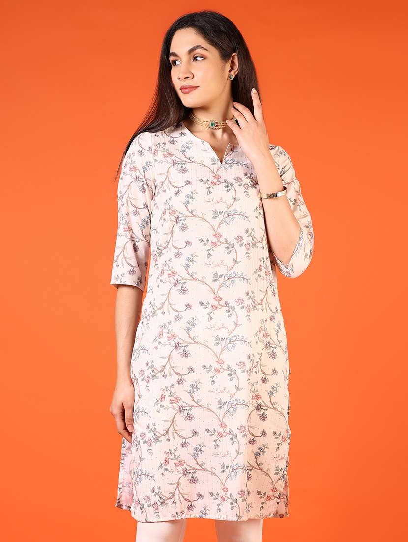 women floral printed three quarter sleeve straight kurta