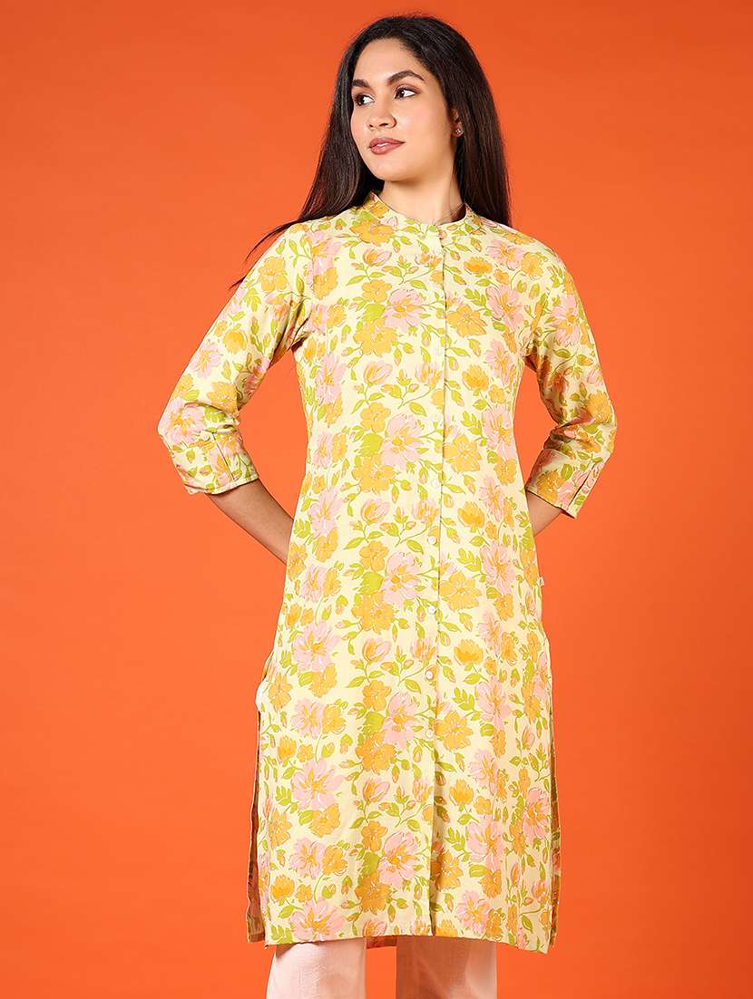 women floral printed three quarter sleeve straight kurta - 22163792 -  Zoom Image - 0