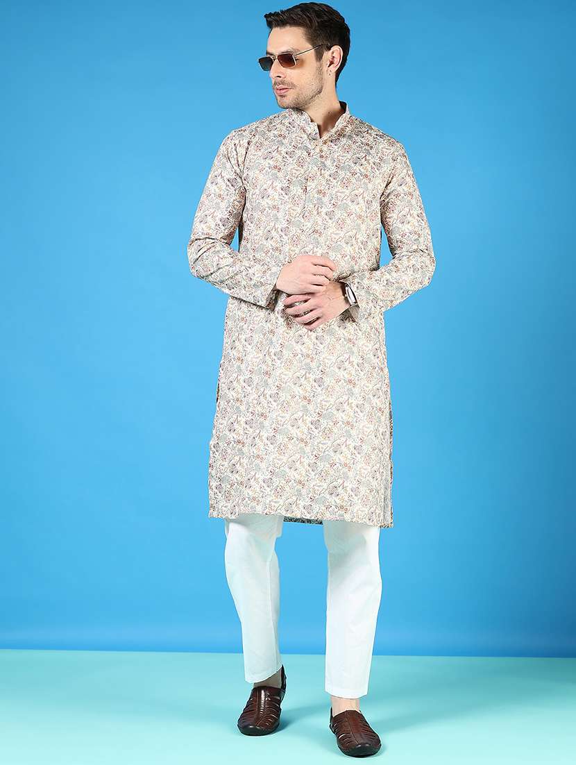 men printed long sleeve kurta and pyjama set
