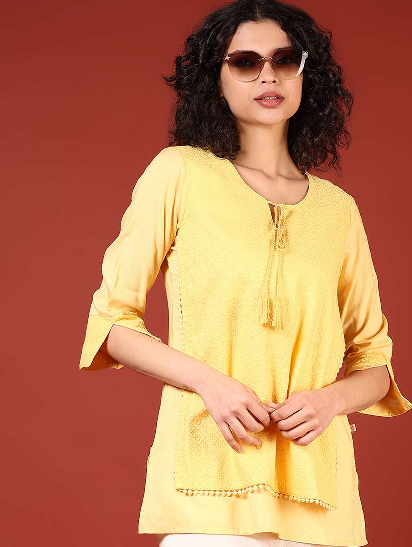 women solid with work three quarter sleeve straight kurti