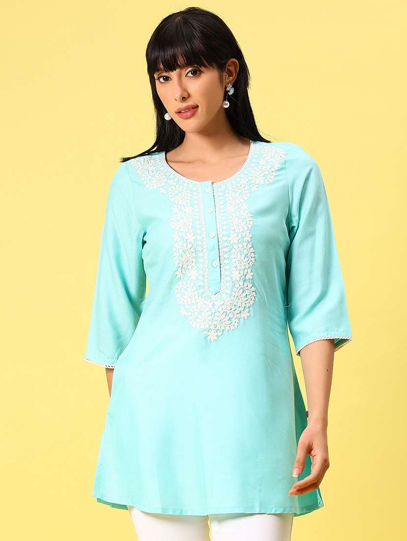 women solid with work three quarter sleeve straight kurti