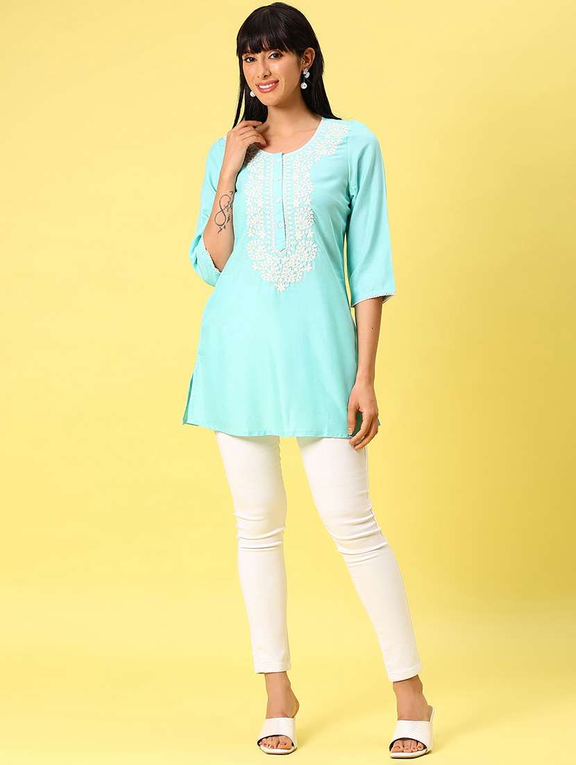 women solid with work three quarter sleeve straight kurti - 22164055 -  Standard Image - 3