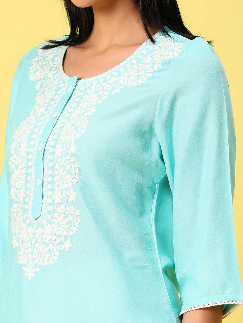 women solid with work three quarter sleeve straight kurti - 22164055 -  Standard Image - 5