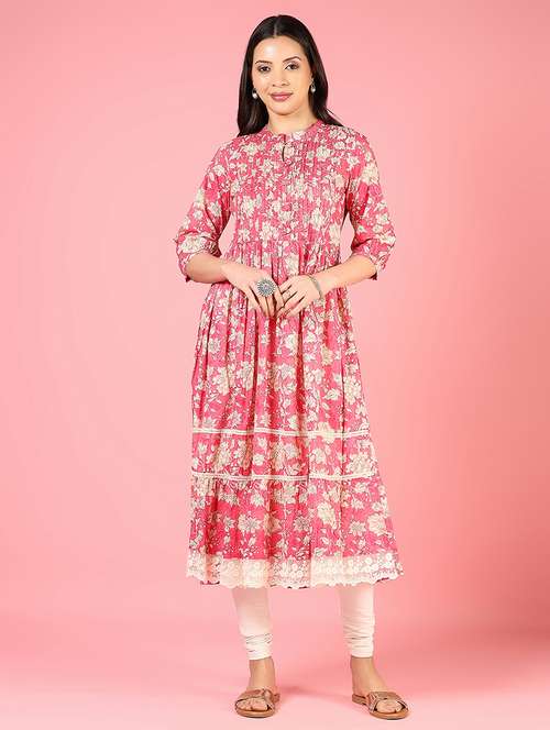 women floral printed three quarter sleeve tiered kurta - 22164066 -  Standard Image - 0