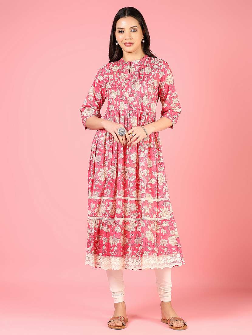 women floral printed three quarter sleeve tiered kurta