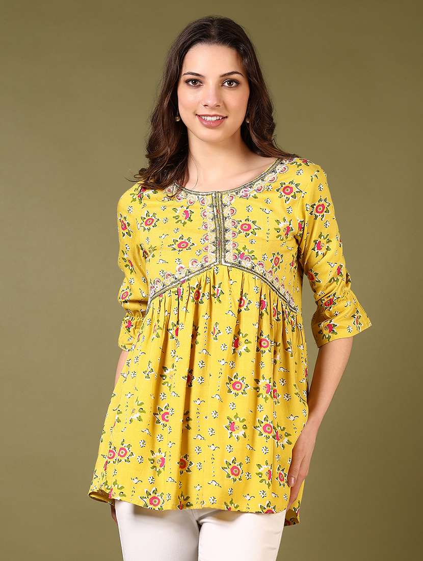 women floral printed three quarter sleeve flared kurti