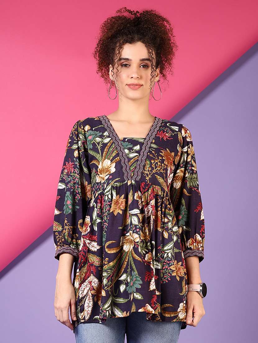 women floral printed three quarter sleeve a-line kurti