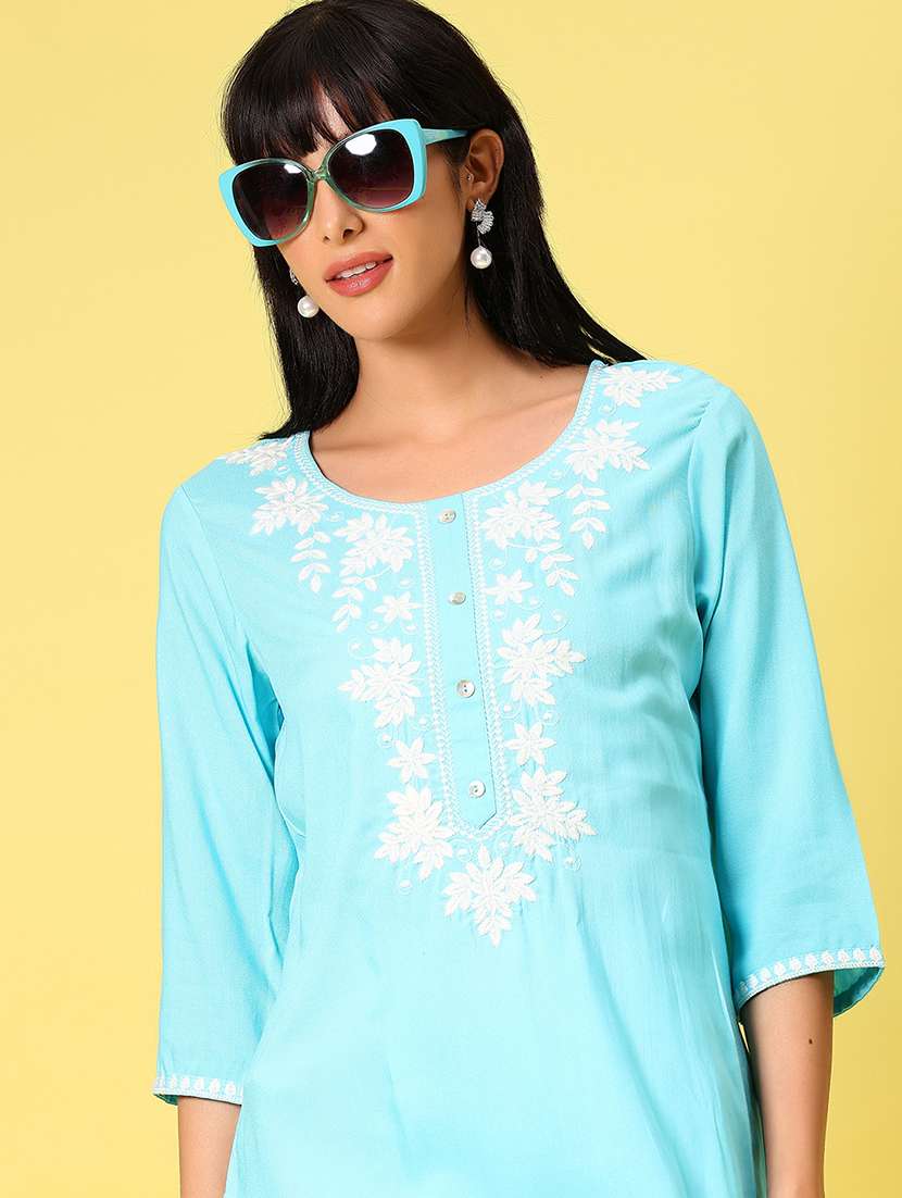 women solid with work three quarter sleeve straight kurti