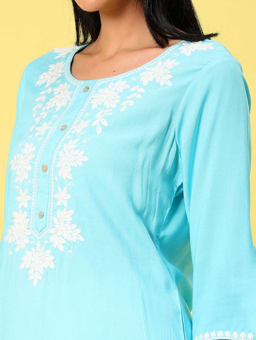 women solid with work three quarter sleeve straight kurti - 22164212 -  Standard Image - 5