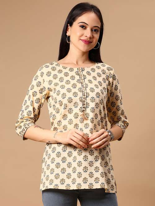 women floral printed three quarter sleeve straight kurti - 22164213 -  Standard Image - 0