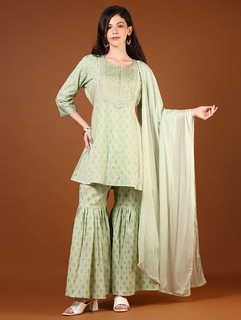 women three quarter sleeve kurta and sharara with dupatta 