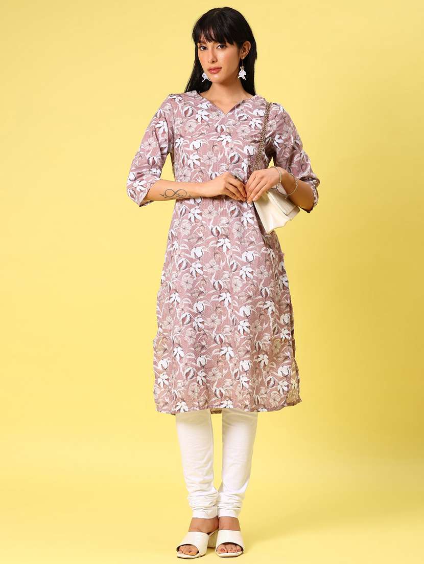 women floral printed three quarter sleeve straight kurta - 22164352 -  Standard Image - 3