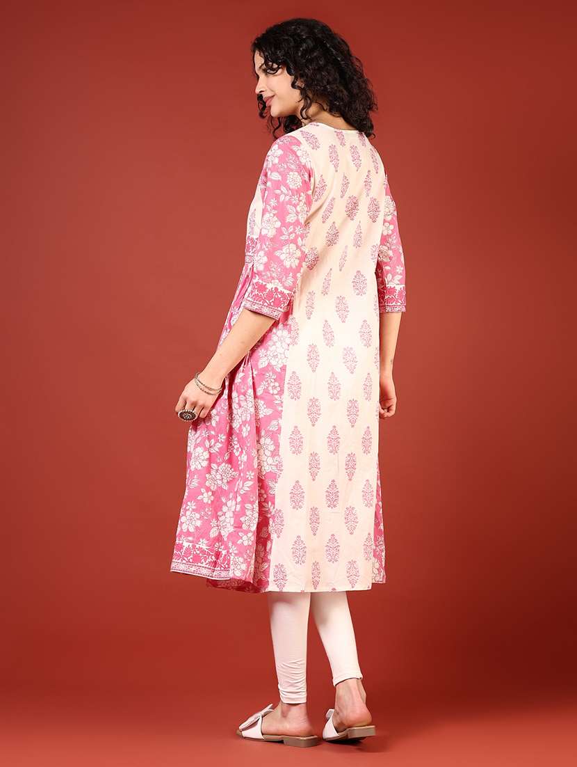 women floral printed three quarter sleeve a-line kurta - 22164355 -  Standard Image - 3