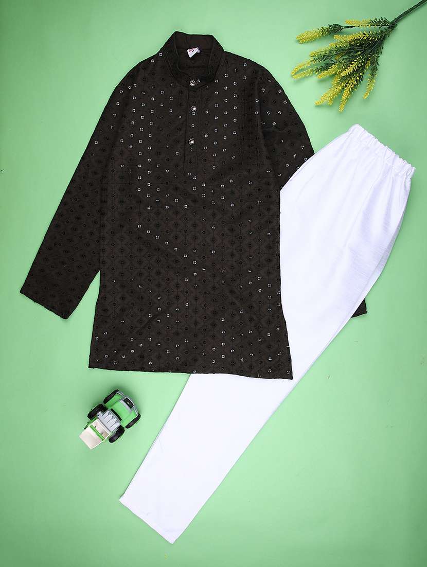 boys embroidered long sleeve kurta and pyjama set