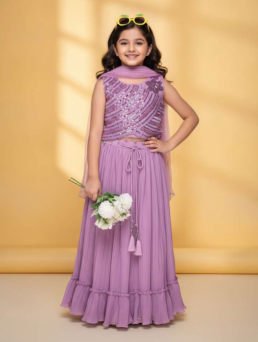 girls embellished sleeveless lehenga and choli with dupatta