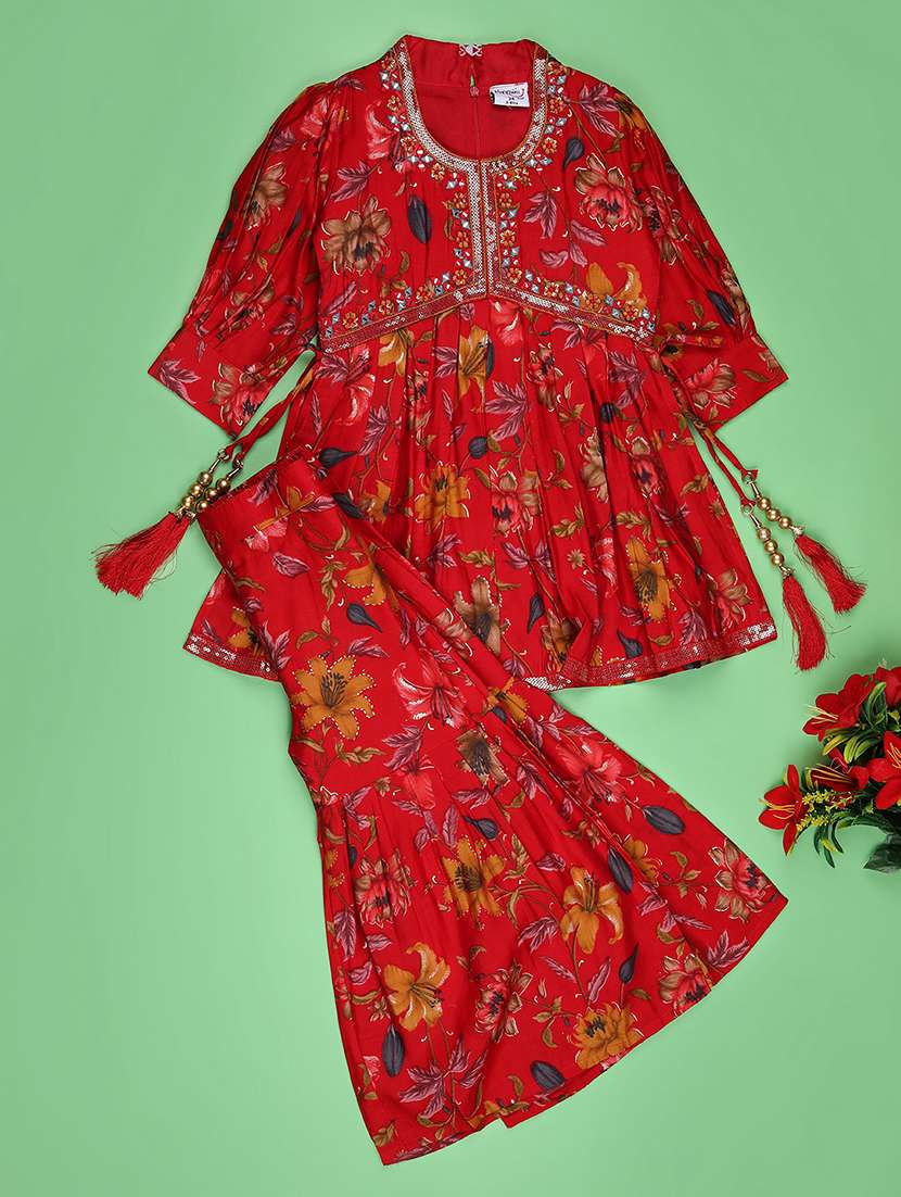 girls floral print kurta and sharara set