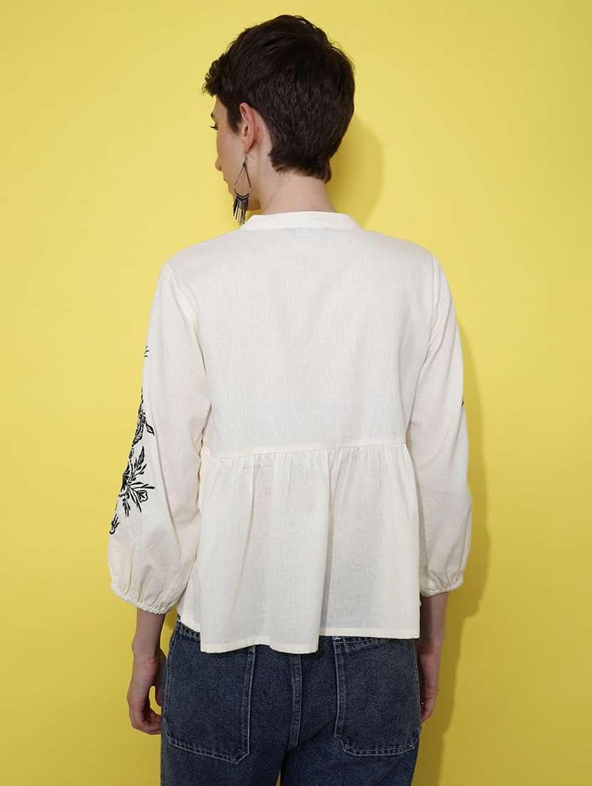 women solid with work three quarter sleeve ethnic top - 22165054 -  Standard Image - 3