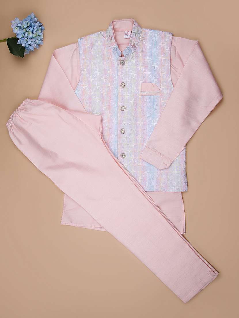 boys embroidered kurta and pyjama set with jacket