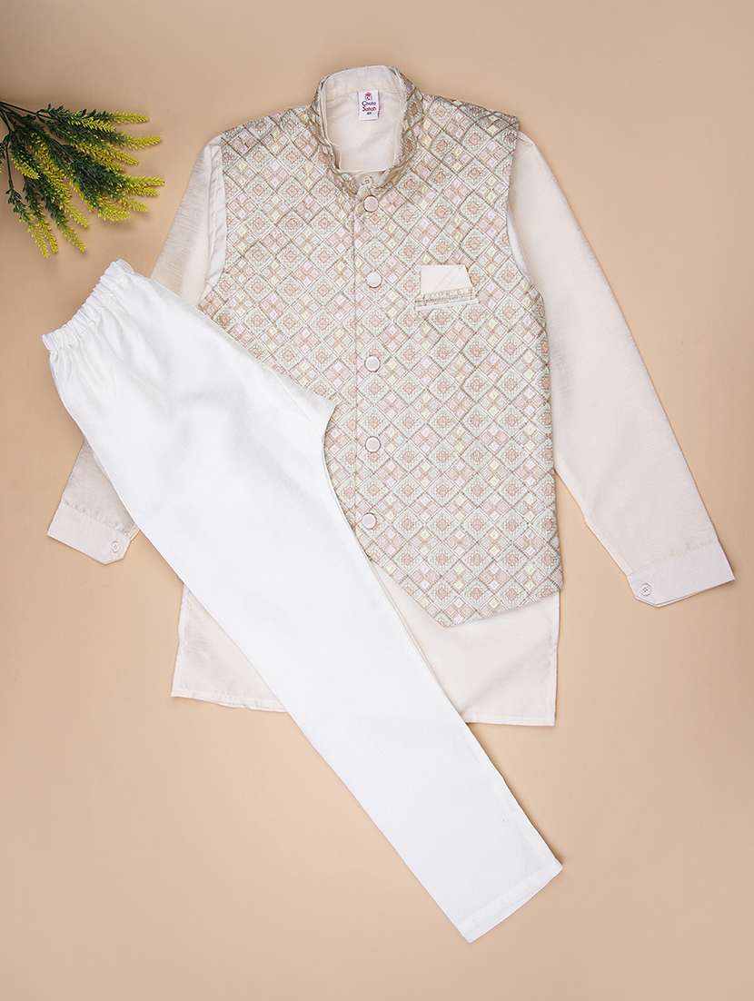 boys embroidered kurta and pyjama set with jacket